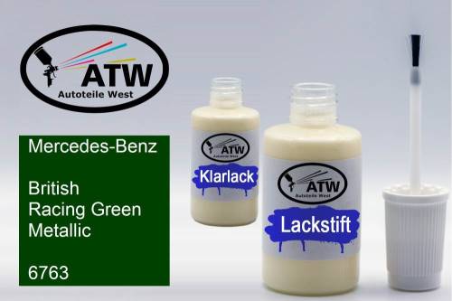 Mercedes-Benz, British Racing Green Metallic, 6763: 20ml Lackstift + 20ml Klarlack - Set, von ATW Autoteile West.